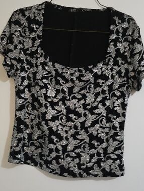 Black Top with Silver Sequin Floral Pattern